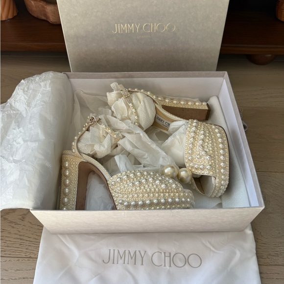 JIMMY CHOO White Satin Pearl Bridal SACARIA 120 Platform Heels 39/8, In Box, A++ - Picture 2 of 16